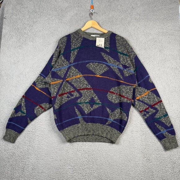 London Fog Sweater Large Purple 90s Geometrical Vintage Crewneck Pullover USA - Picture 1 of 15